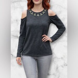 Romeo & Juliet Couture Cold Shoulder Top Embellished Neckline Gray Y2K Size M